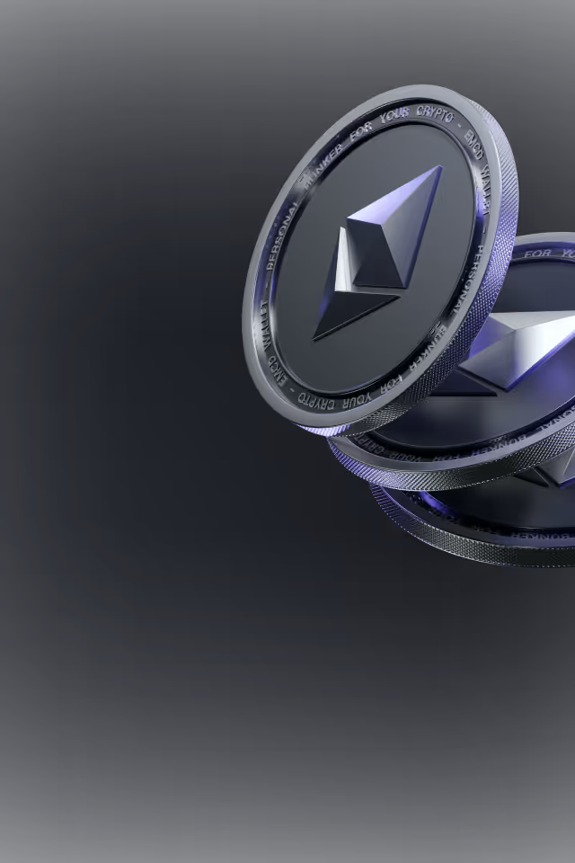 Stack of metallic Ethereum cryptocurrency coins with dark background.