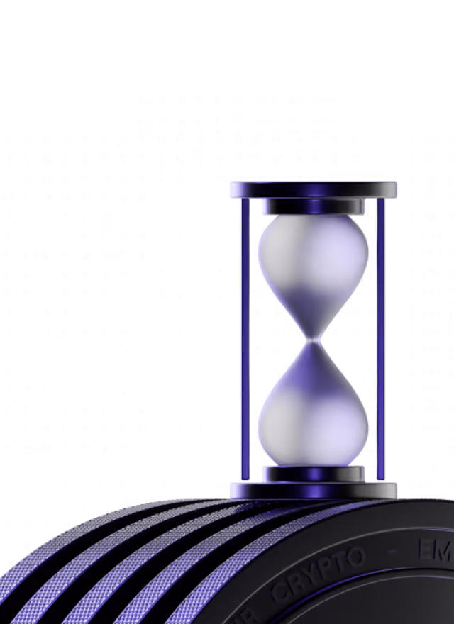 Purple and black hourglass placed on top of a textured black cylindrical object with ribbed surface.