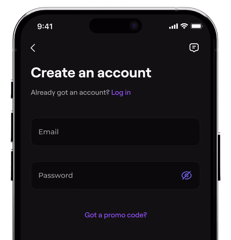 Mobile app screen prompting user to create an account with fields for email and password, and links for logging in and entering a promo code.