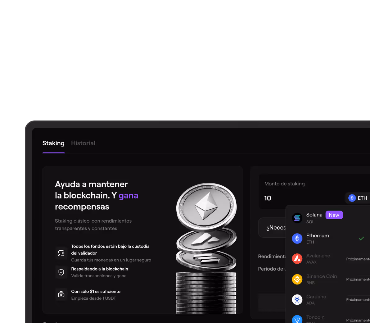 Cryptocurrency staking interface showing benefits like secure funds, blockchain validation, and low entry cost, with a stack of coins featuring Ethereum, Solana, and other crypto logos.