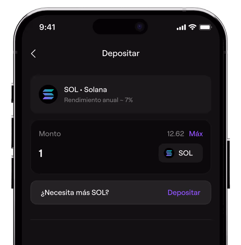 Mobile screen showing a deposit interface for Solana cryptocurrency with annual yield around 7%, deposit amount set to 1 SOL, and options to deposit more SOL.