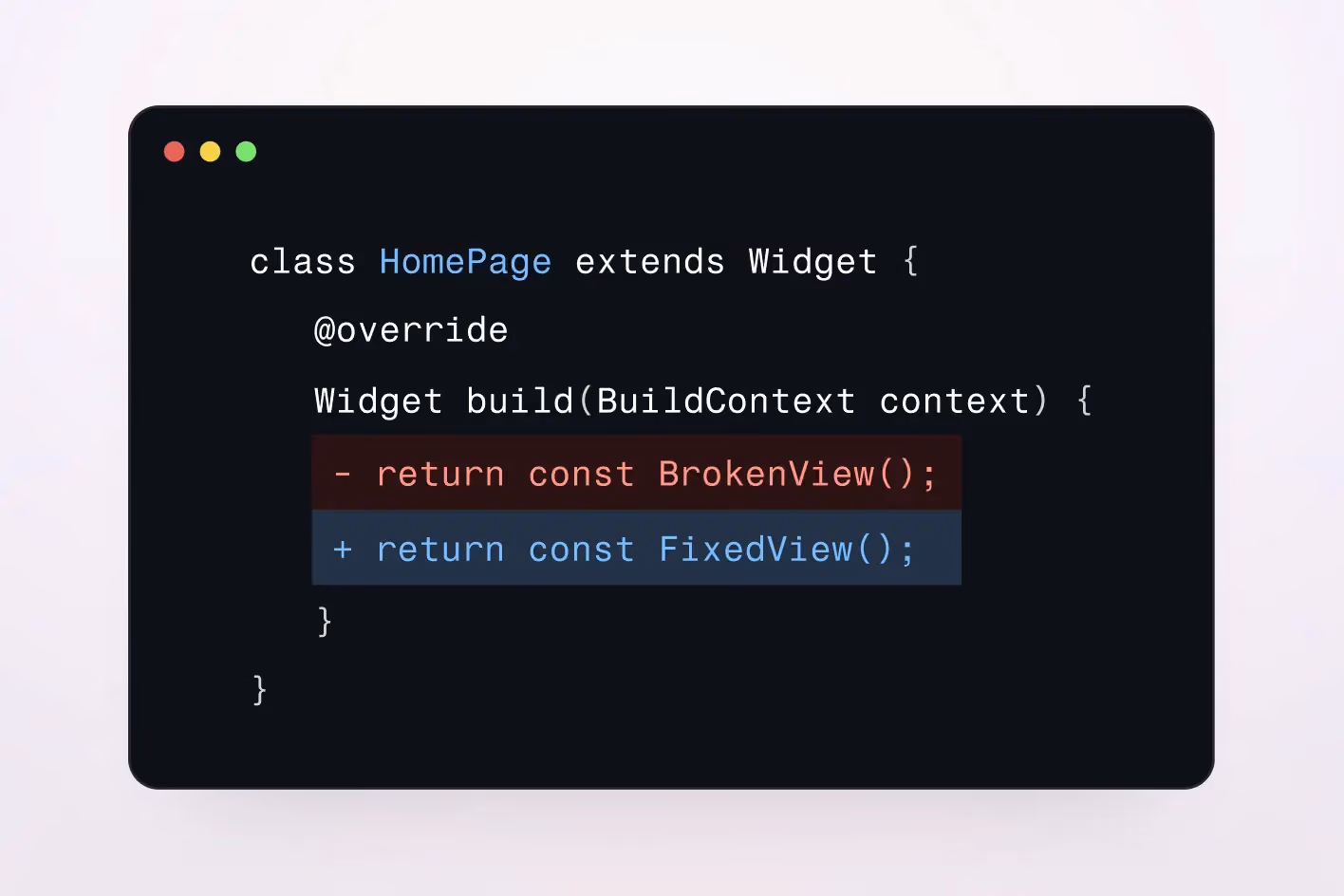 Shorebird enabling live updates to Flutter app by changing Dart code from broken view to fixed view
