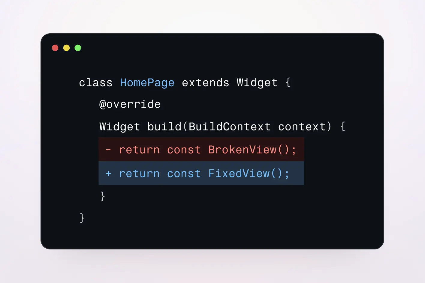Shorebird enabling live updates to Flutter app by changing Dart code from broken view to fixed view
