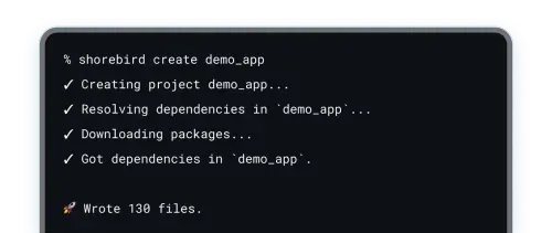 Shorebird CLI creating a Flutter app project, showing dependency resolution, package downloads, and successful project setup
