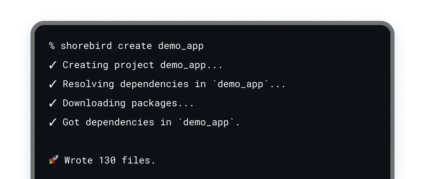 Shorebird CLI creating a Flutter app project, showing dependency resolution, package downloads, and successful project setup