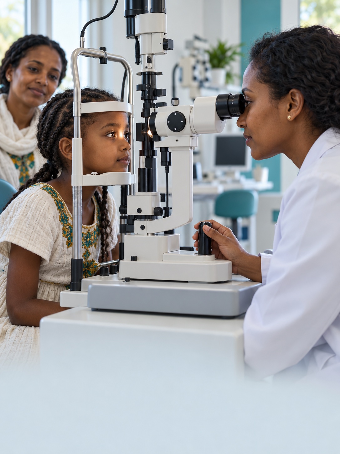 Illustrative photograph of a child receiving a slit-lamp eye examination with a parent nearby