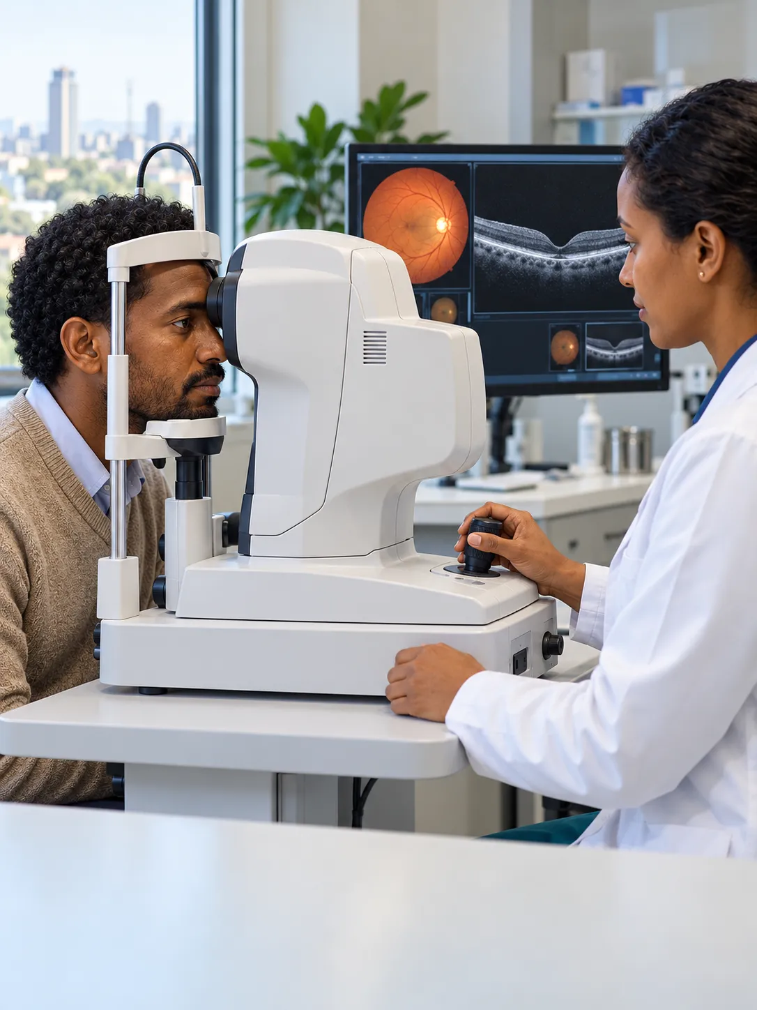 Representative generated photograph of retinal imaging with an eye-care professional and fundus/OCT display