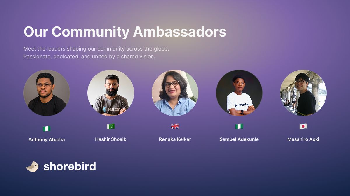 Headshots of the first 5 Shorebird Community Ambassadors representing Nigeria, UK, Pakistan, and Japan