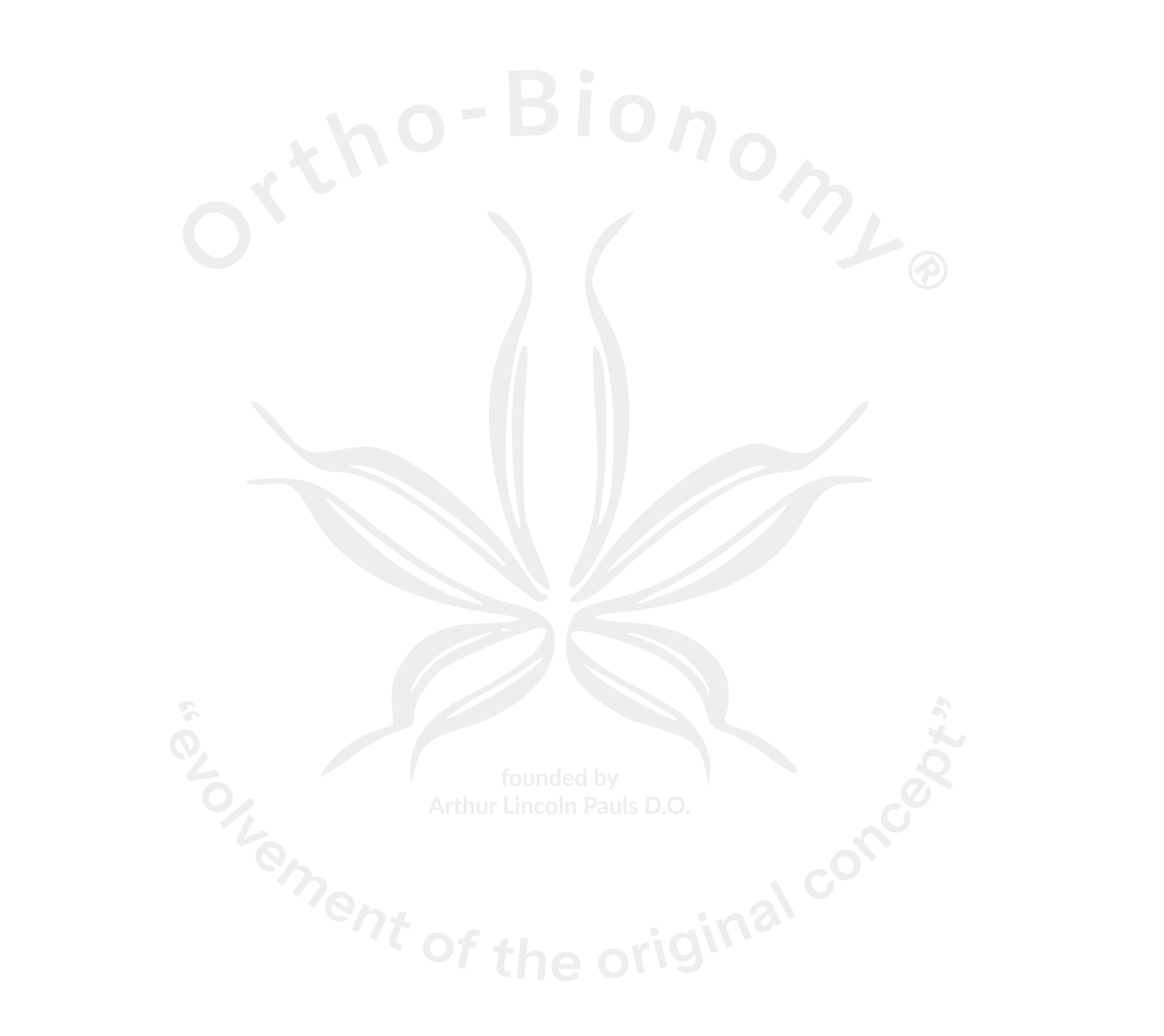 Ortho-Bionomy®-Logo with a sanddollar in the center surrounded by text 'Ortho-Bionomy®' at the top and 'evolvement of the original concept' at the bottom, with 'founded by Arthur Lincoln Pauls D.O.' in smaller text below the design.