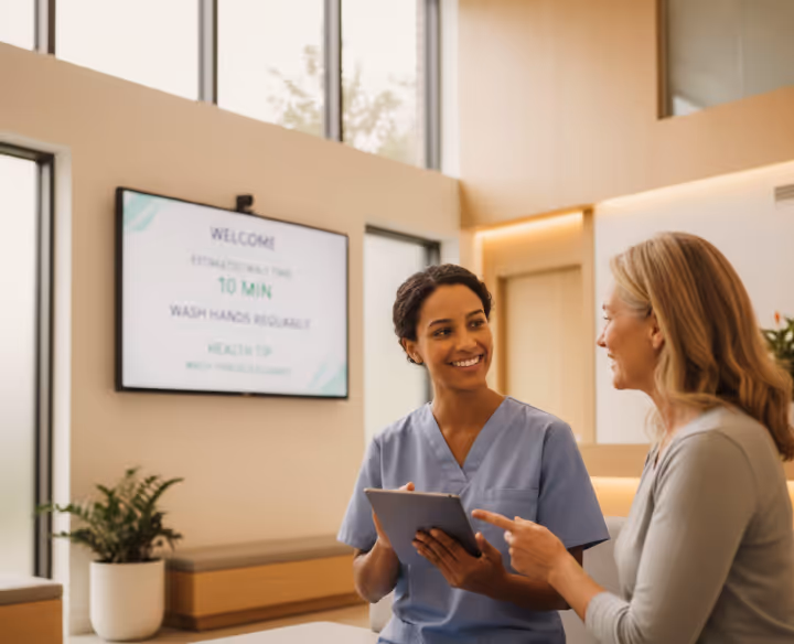 Smiling nurse in blue scrubs holding a tablet while talking with a patient in a bright waiting room.