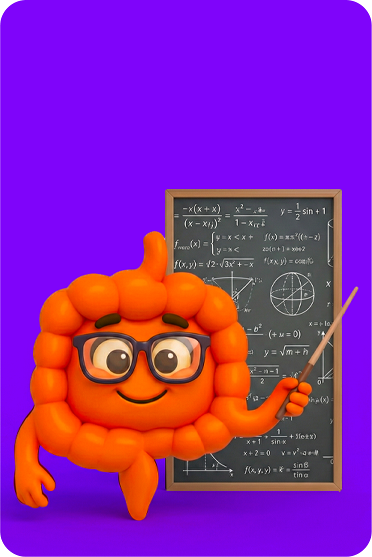 Personaje intestino explicando la fórmula simbiótica única de Zir-Fos NC