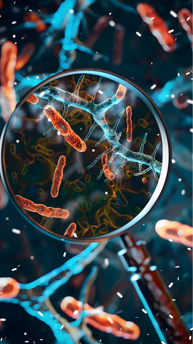 Vista microscópica de la acción de probióticos y prebióticos mejorando la microbiota intestinal