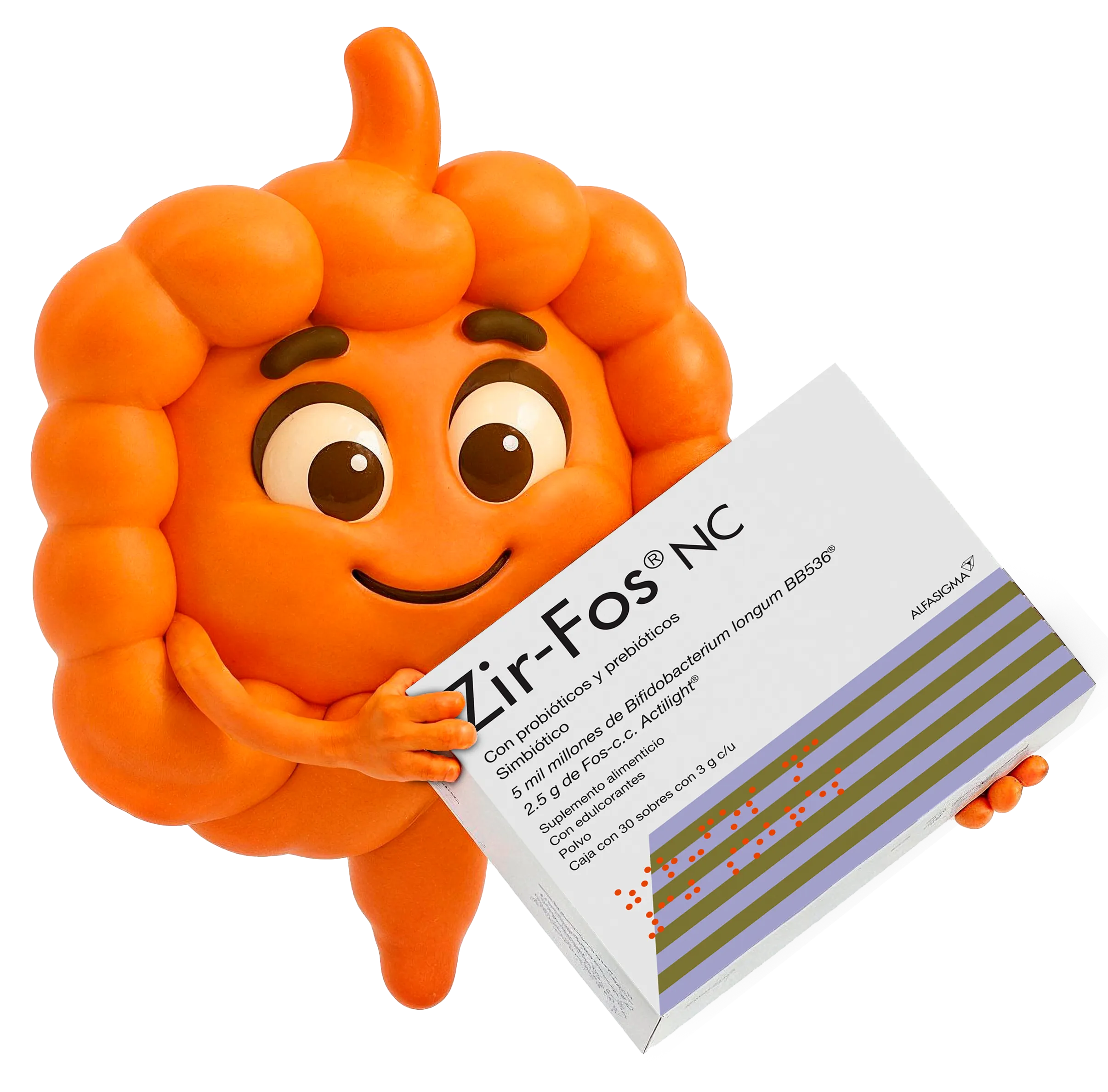 Personaje de intestino feliz recomendando el tratamiento Zir-Fos NC para el estreñimiento