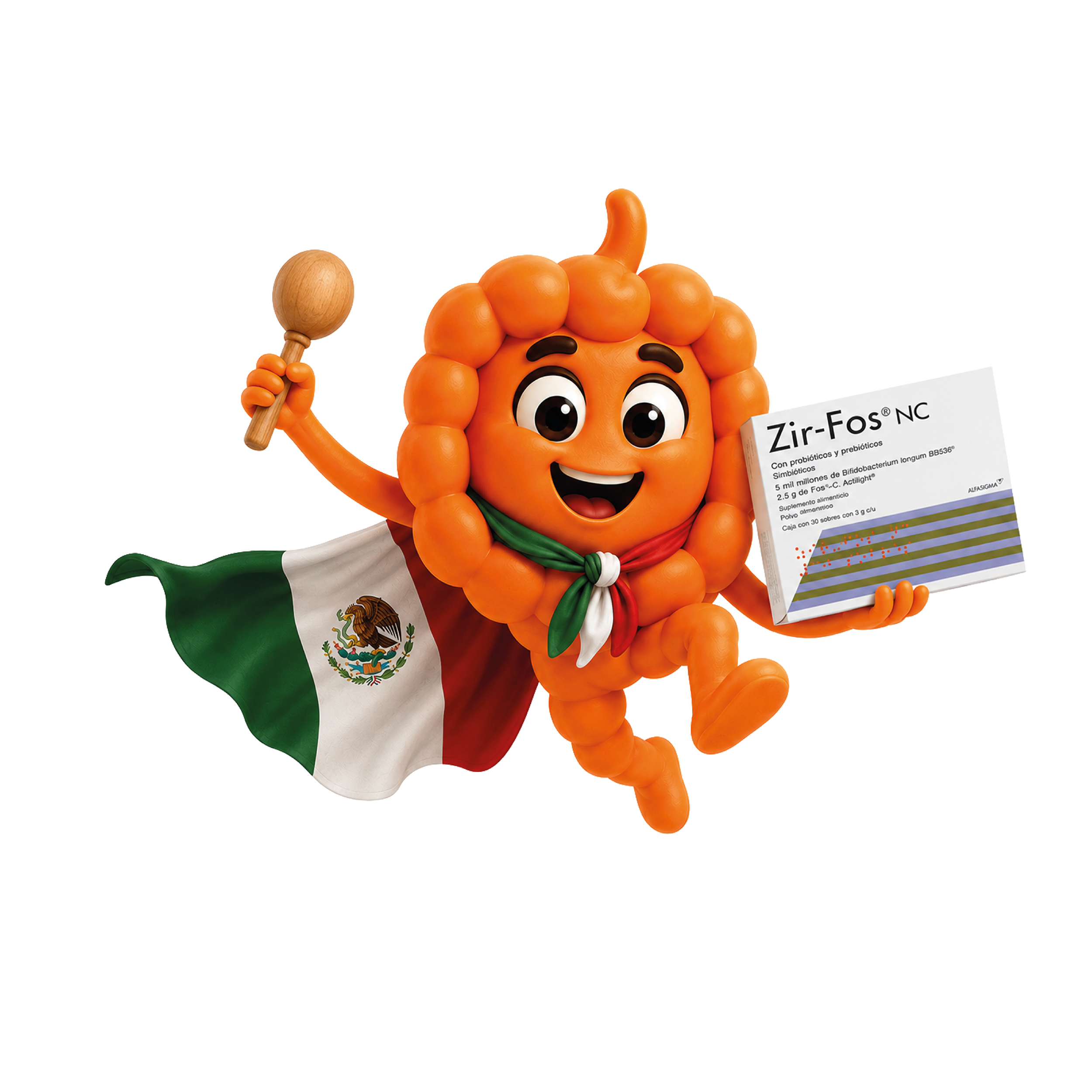 Personaje de intestino feliz recomendando el tratamiento Zir-Fos NC para el estreñimiento