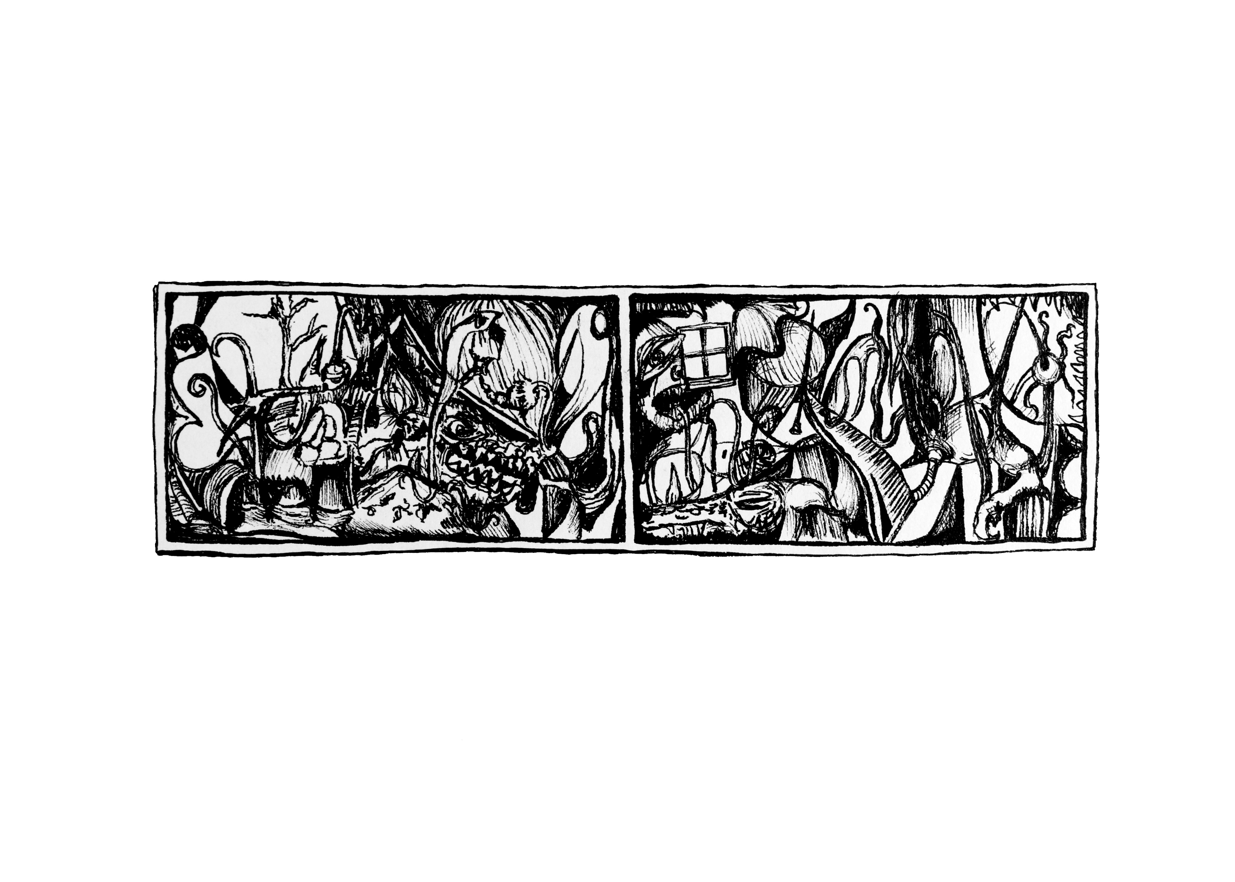 Black and white abstract ink drawing divided into two panels with intricate, surreal shapes and lines.