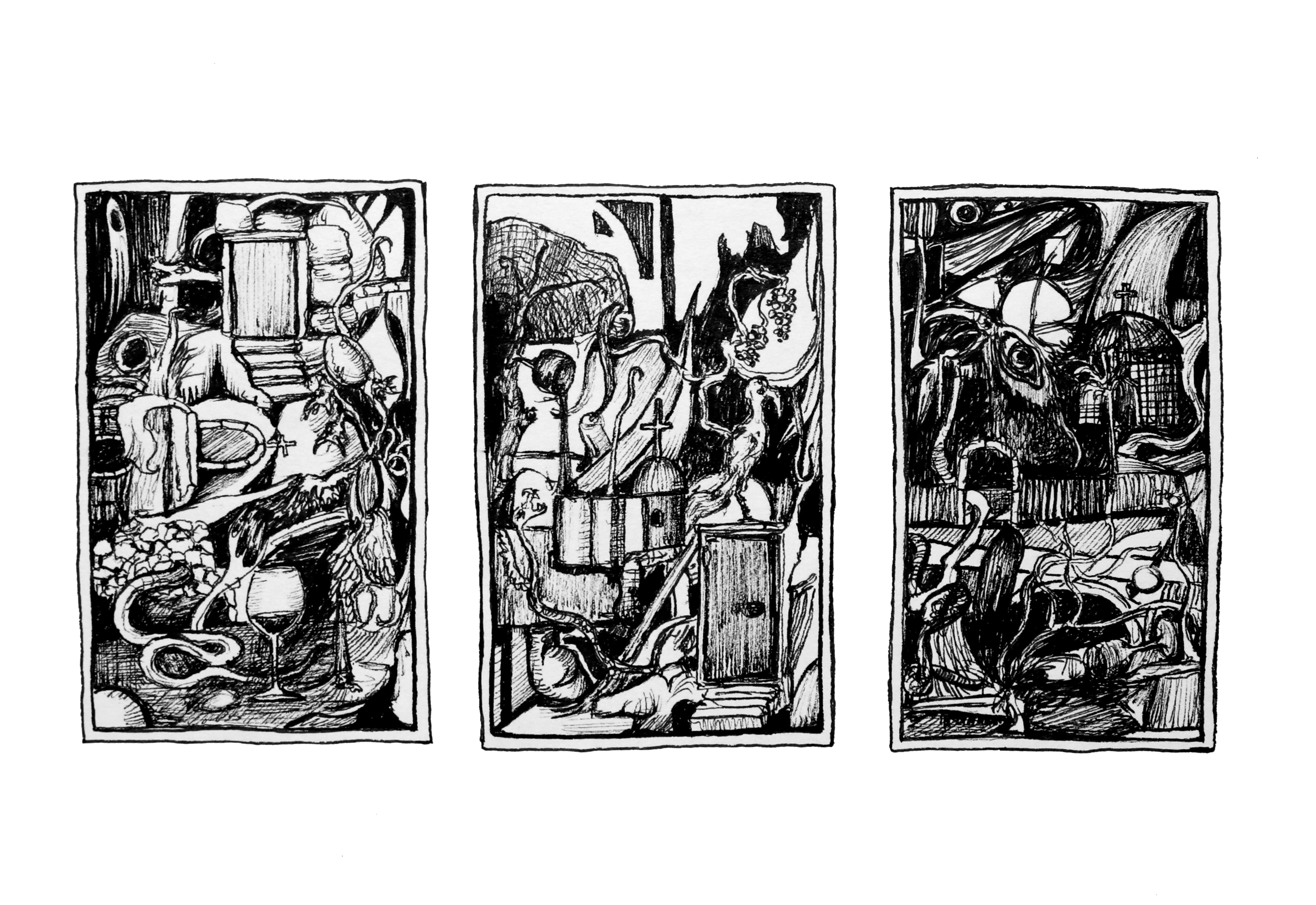 Three black and white abstract ink drawings featuring surreal and intricate details including animals, crosses, bottles, and various organic and architectural shapes.