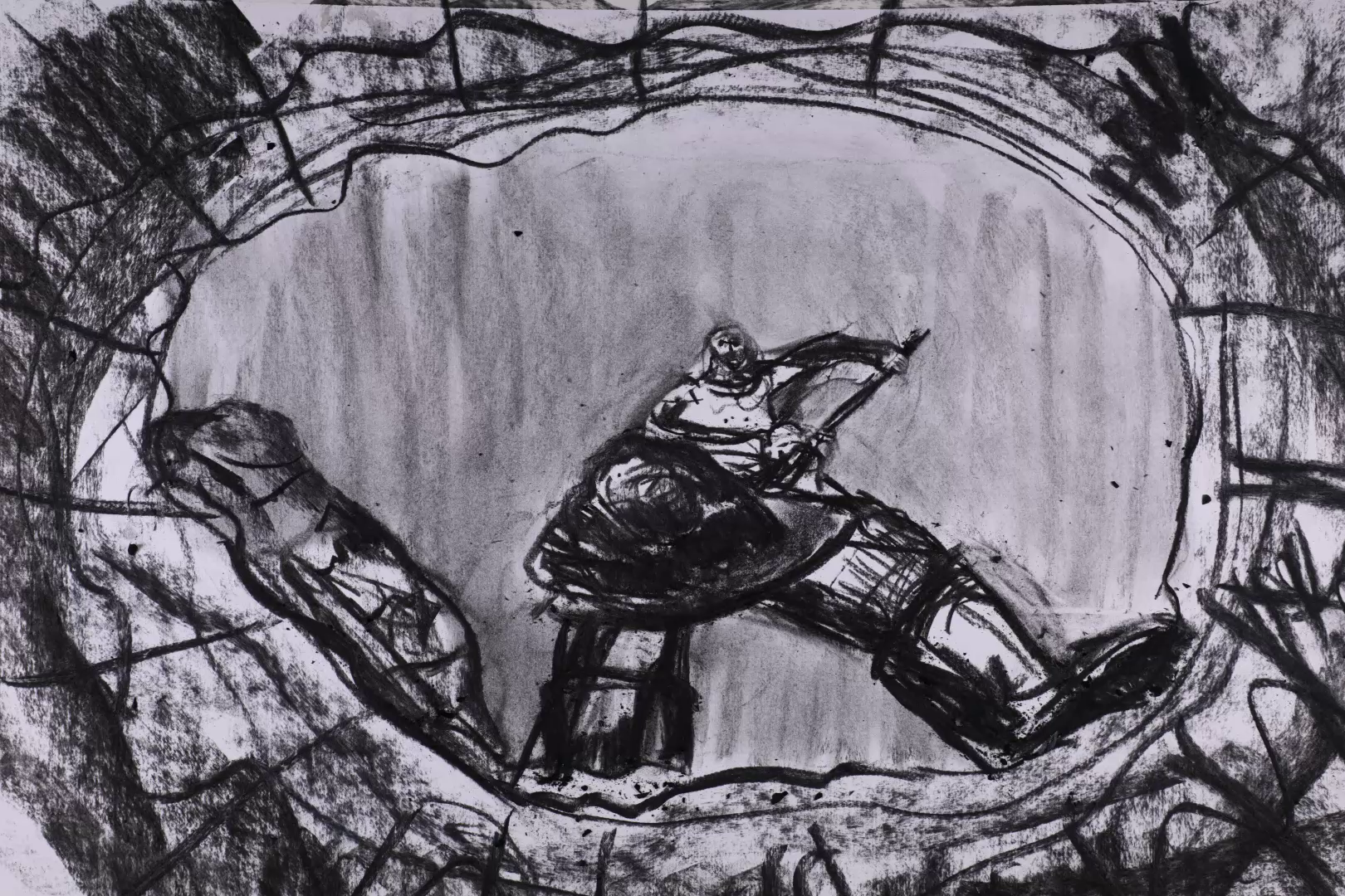 Charcoal sketch of a person rowing a boat viewed through a jagged cave opening.
