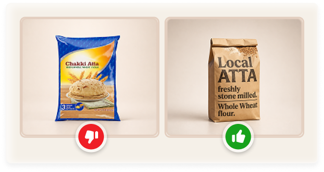 Comparison of two wheat flour packages: one branded, one simple brown paper labeled local atta.
