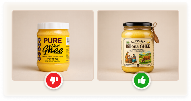 Comparison of two ghee jars: Pure Desi Ghee with thumbs down, Billona Grass-Fed Ghee with thumbs up.