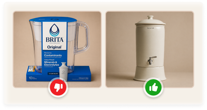 Comparison showing a Brita pitcher with a red thumbs down and a ceramic water filter with a green thumbs up.