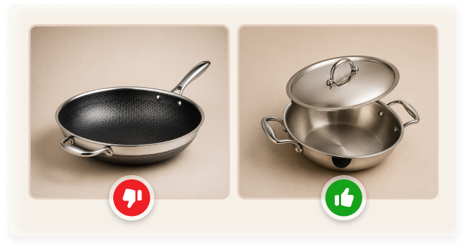 Side-by-side image of a black wok with a red thumbs-down and a stainless steel pot with lid and green thumbs-up.