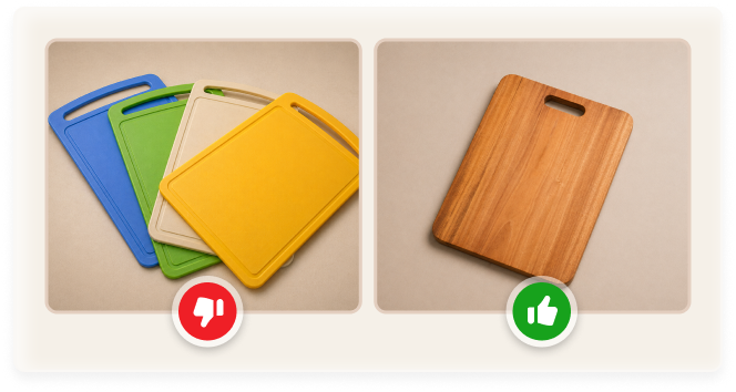 Comparison of colorful plastic cutting boards marked thumbs down and a wooden cutting board marked thumbs up.