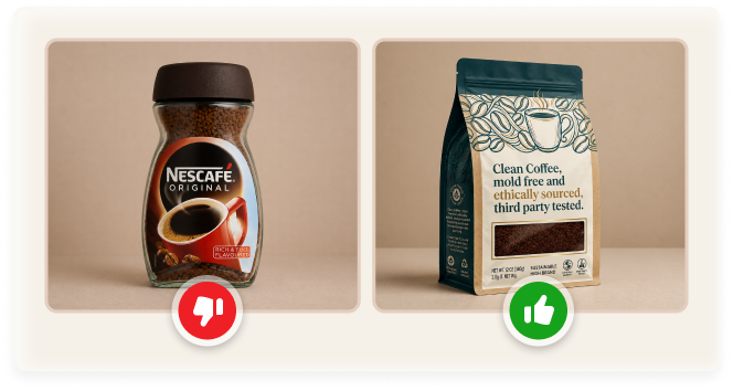Side-by-side coffee jars: Nescafe Original with thumbs down, clean coffee bag with thumbs up.