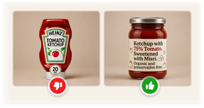 Side-by-side ketchup jars, Heinz bottle with thumbs down and organic jar with thumbs up icons.