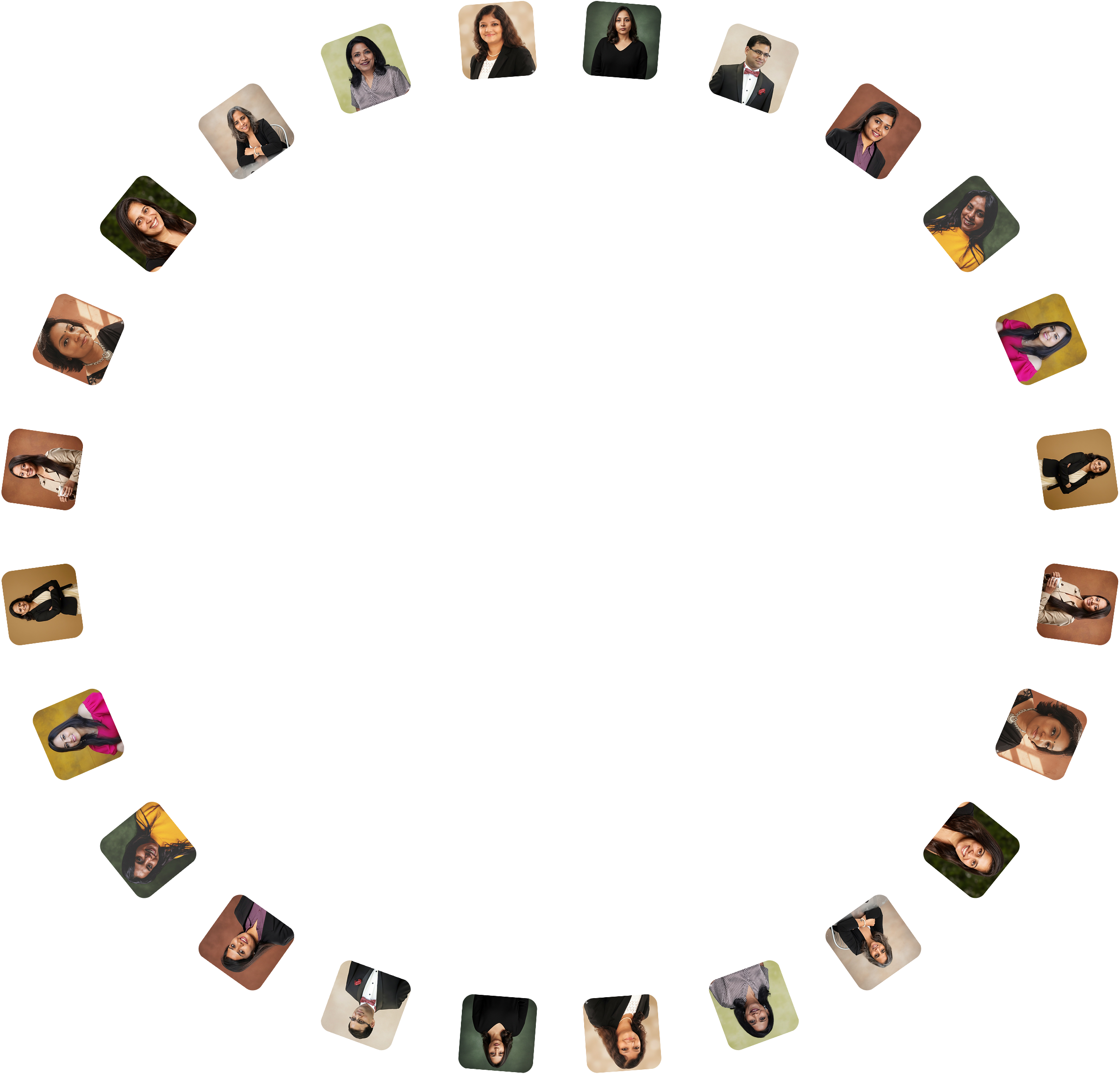 Circle of sixteen diverse business professionals in portrait photos on black background.