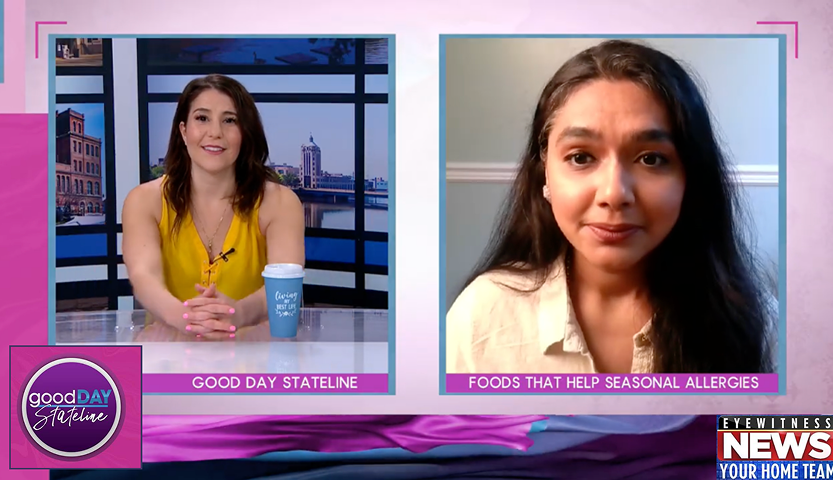 Split-screen with studio host on left and guest discussing foods that help seasonal allergies.