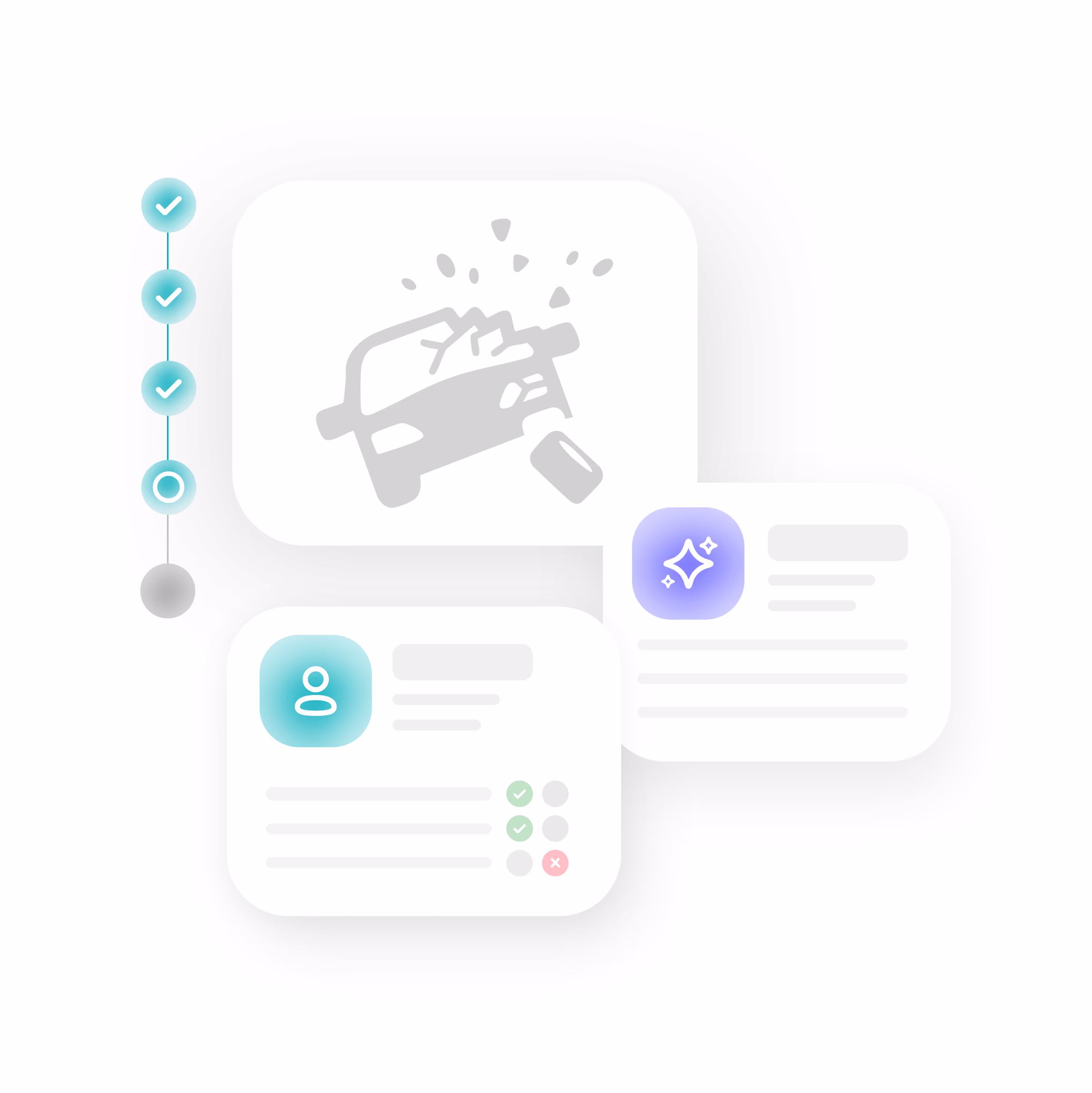 Illustration of a car crash icon above user data cards with check marks and a sparkle icon.