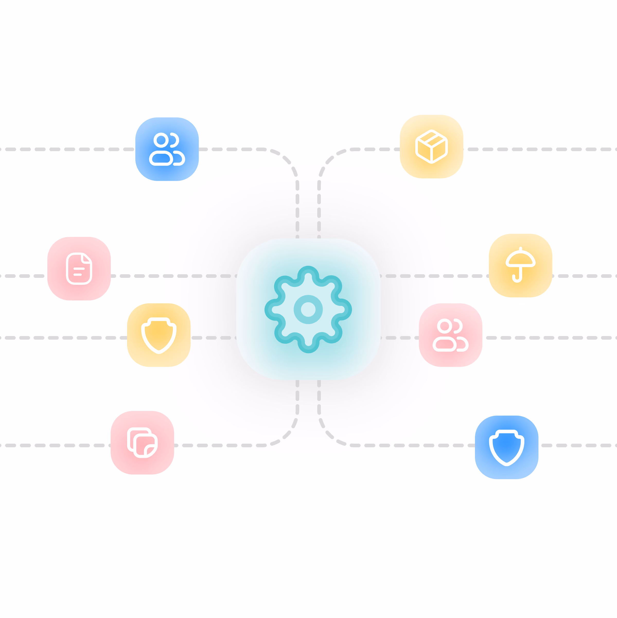 Central gear icon connected by dotted lines to eight colorful icons including group, shield, document, package, and umbrella.