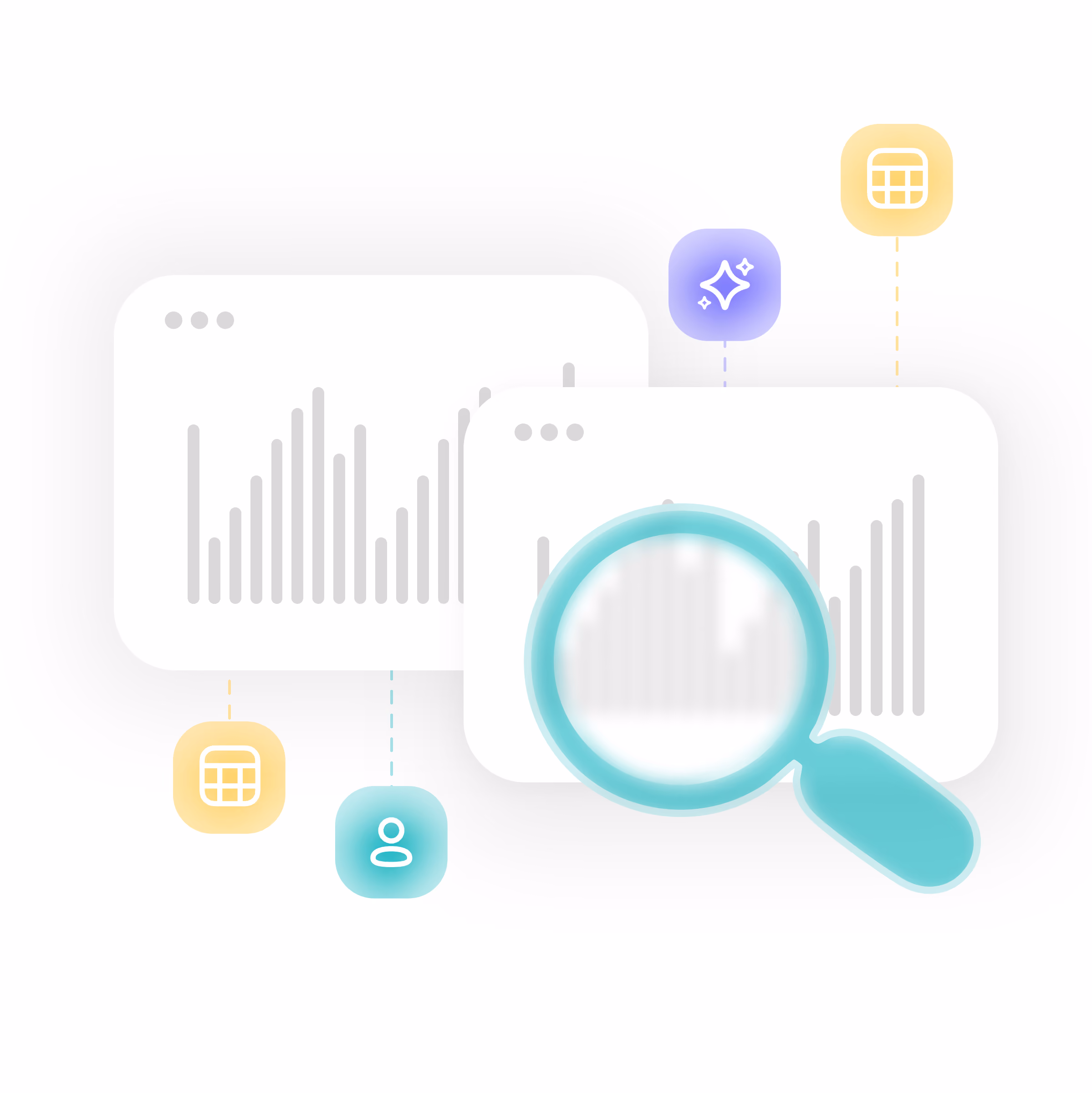 Two abstract graphs with a magnifying glass focusing on one and data-related icons around.