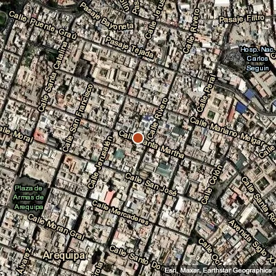 Luftbild-Karte der Altstadt von Arequipa, Peru, mit dem Standort der Asociación Unámonos in der Calle Santa Marta
