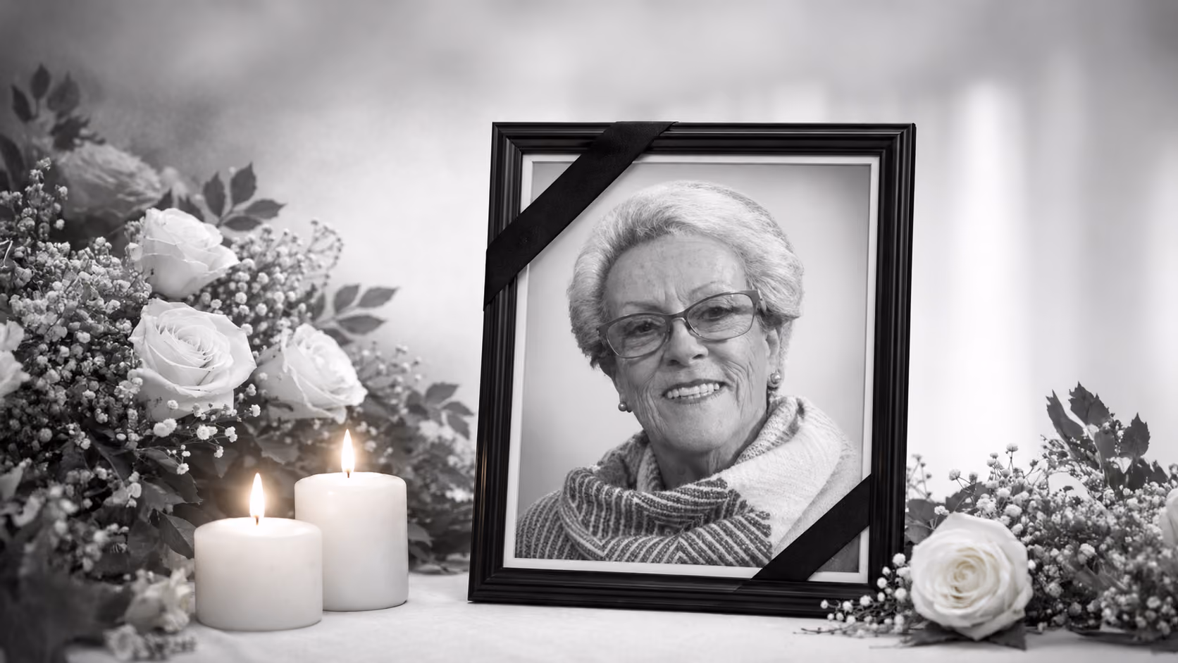Gerahmtes Foto von Cecilia Corpancho mit Trauerflor, Kerzen und weißen Rosen