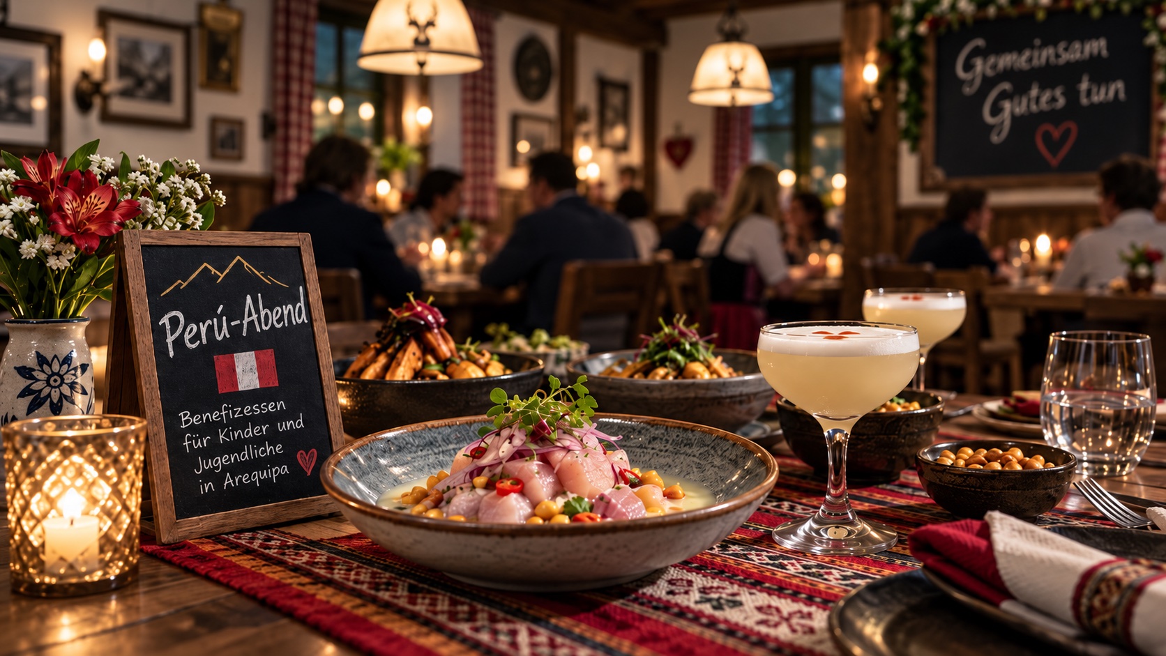 Gedeckter Tisch mit peruanischen Gerichten und Tafel „Perú-Abend“ in einem gemütlichen Wirtshaus