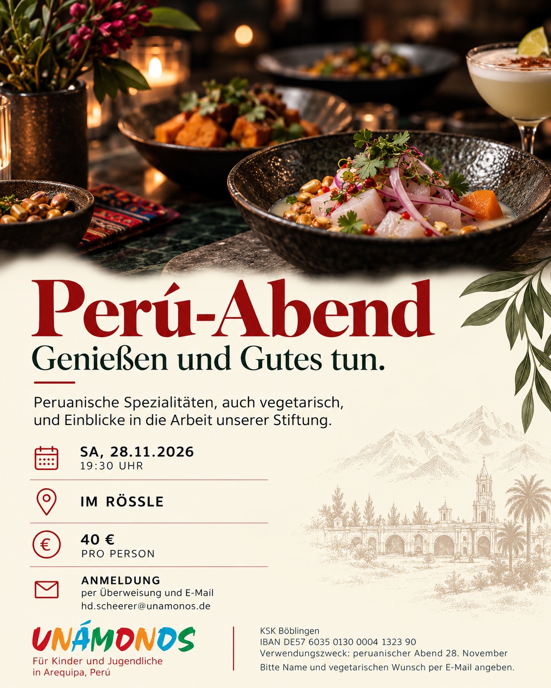 Plakat „Perú-Abend – Genießen und Gutes tun“: Samstag, 28. November 2026, 19:30 Uhr im Rössle, 40 € pro Person, mit peruanischen Gerichten wie Ceviche auf einem gedeckten Tisch