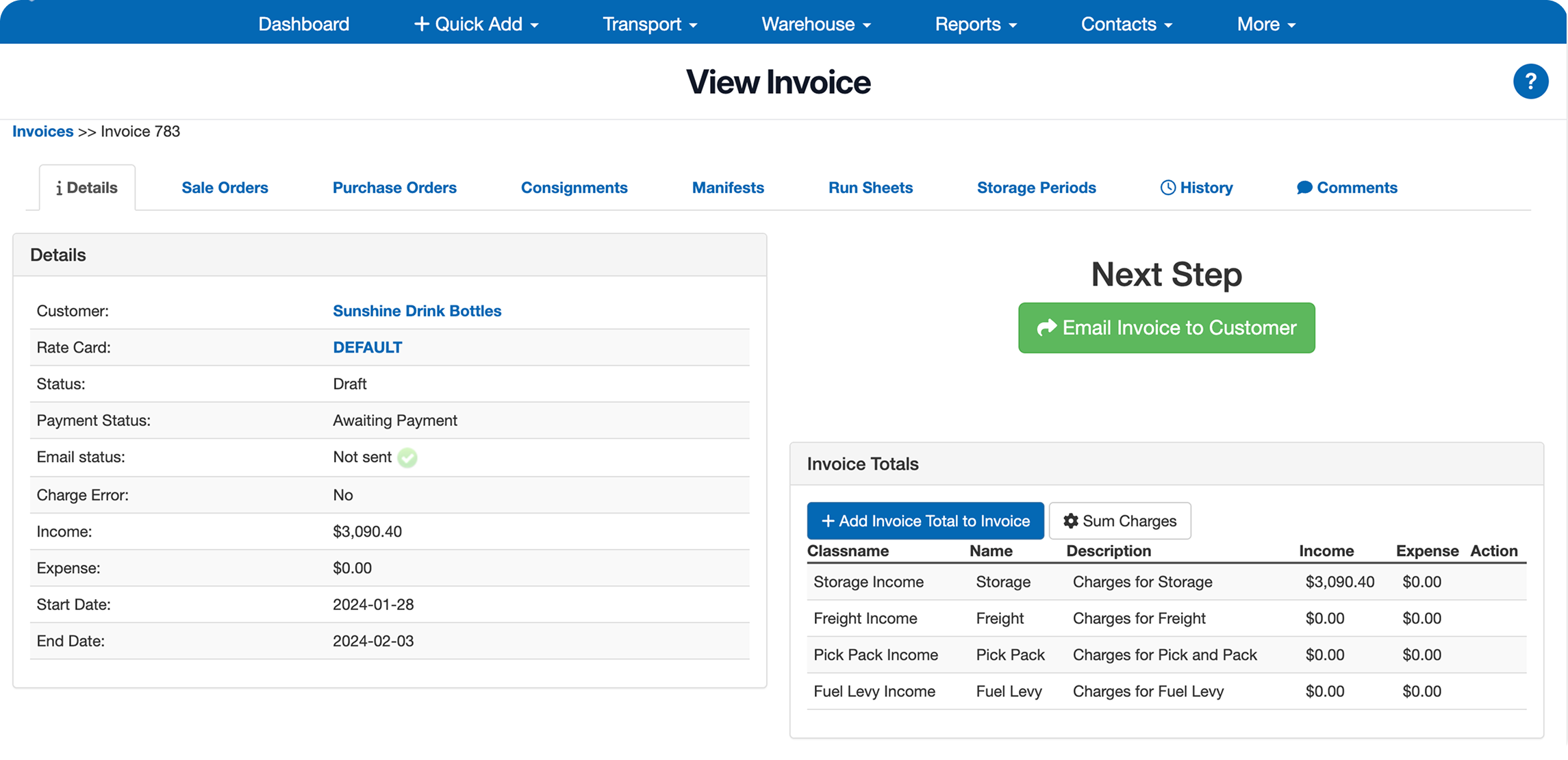 Invoice details showing customer Sunshine Drink Bottles, draft status, awaiting payment, income $3,090.40, and buttons for adding invoice totals and emailing customer.