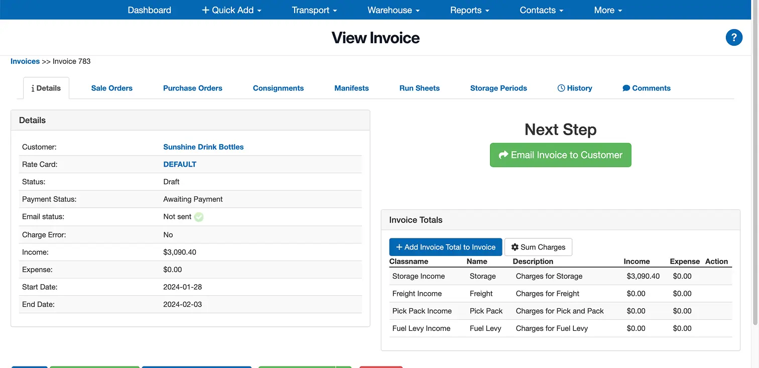 Invoice details page showing customer Sunshine Drink Bottles with draft status, awaiting payment, income $3,090.40, and charges listed for storage, freight, pick and pack, and fuel levy.