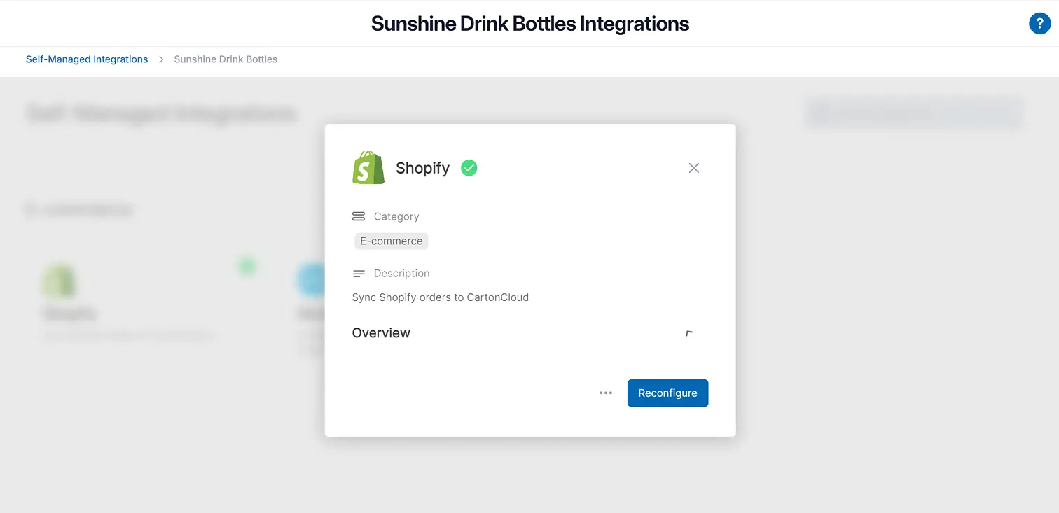 Integration panel showing Shopify with category E-commerce and description Sync Shopify orders to CartonCloud, with a Reconfigure button.