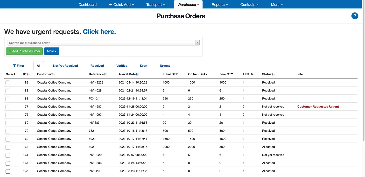 Purchase Orders dashboard showing a list of orders with columns for ID, Customer, Reference, Arrival Date, Initial Quantity, On hand Quantity, Free Quantity, Number of SKUs, Status, and Info. Urgent requests are noted in red text.