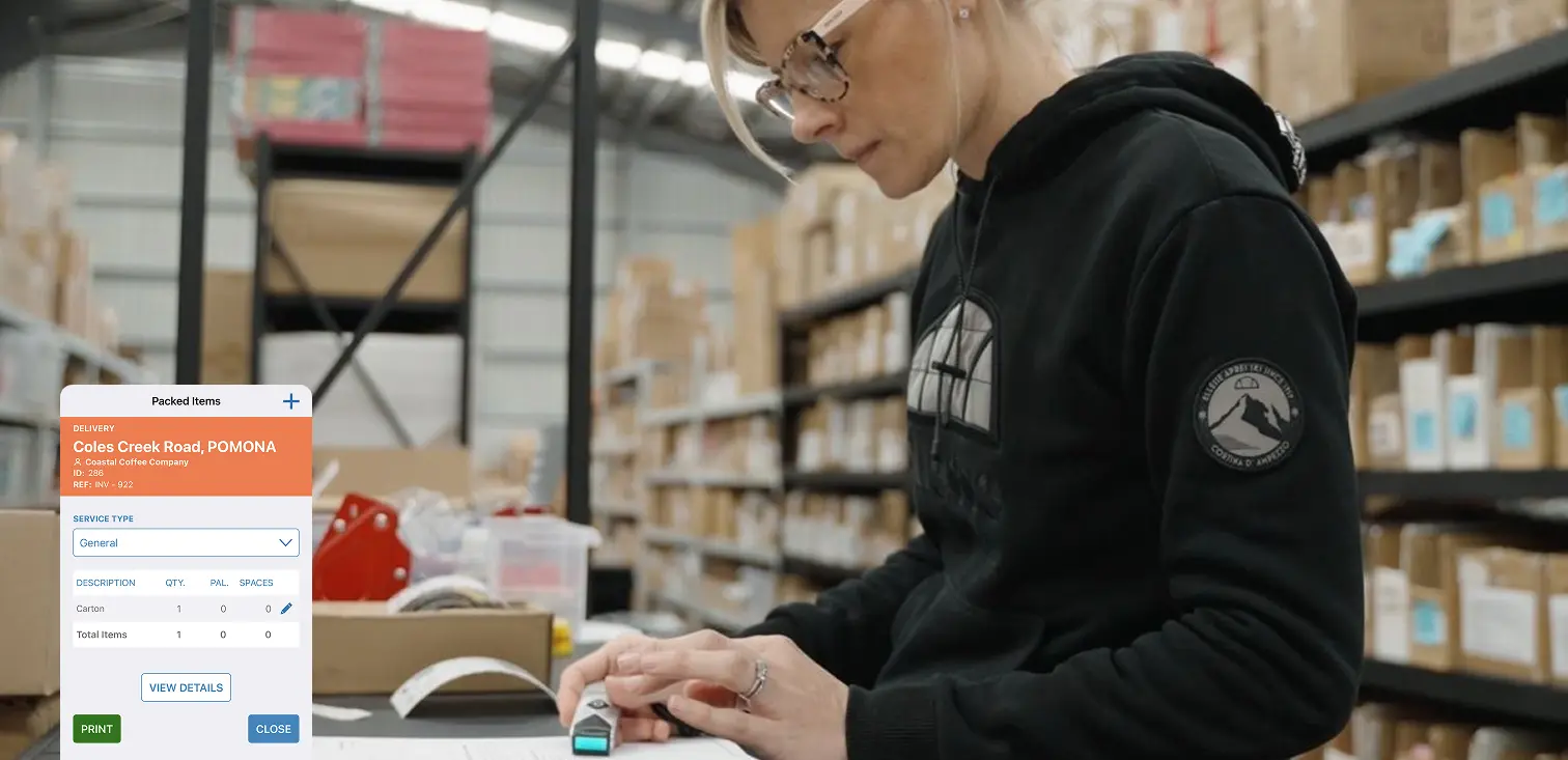 Woman scanning a barcode on a package in a warehouse with shelves of boxes in the background and a digital packed items screen overlay.