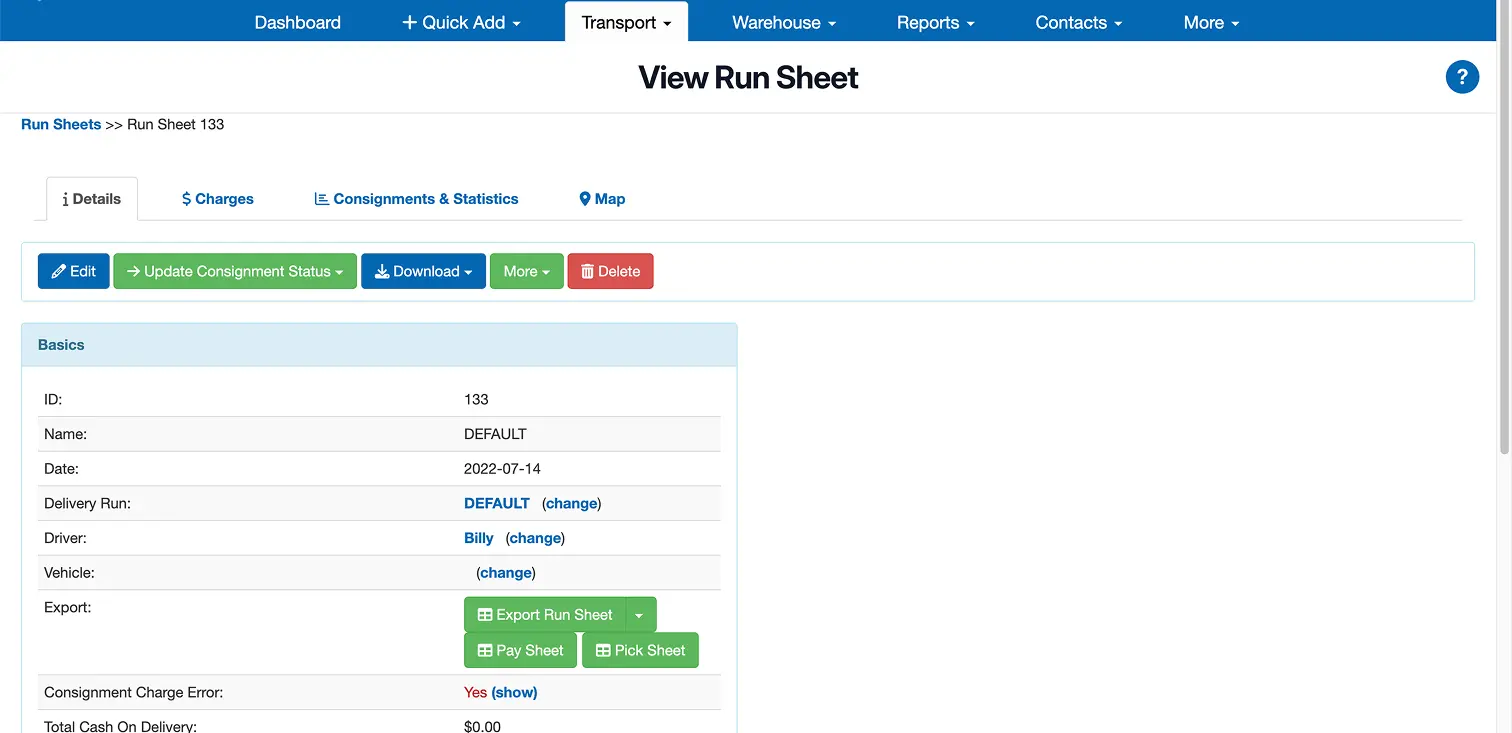 Dashboard interface showing a 'View Run Sheet' page with details of run sheet 133, including ID, name, date, delivery run, driver, vehicle, export options, and consignment charge error status.