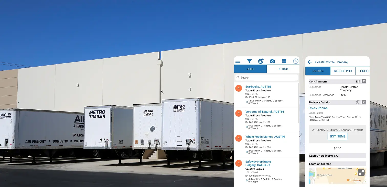 Four white Metro Trailer trucks parked outside a warehouse under a clear blue sky with overlay of a route planning and delivery app interface.