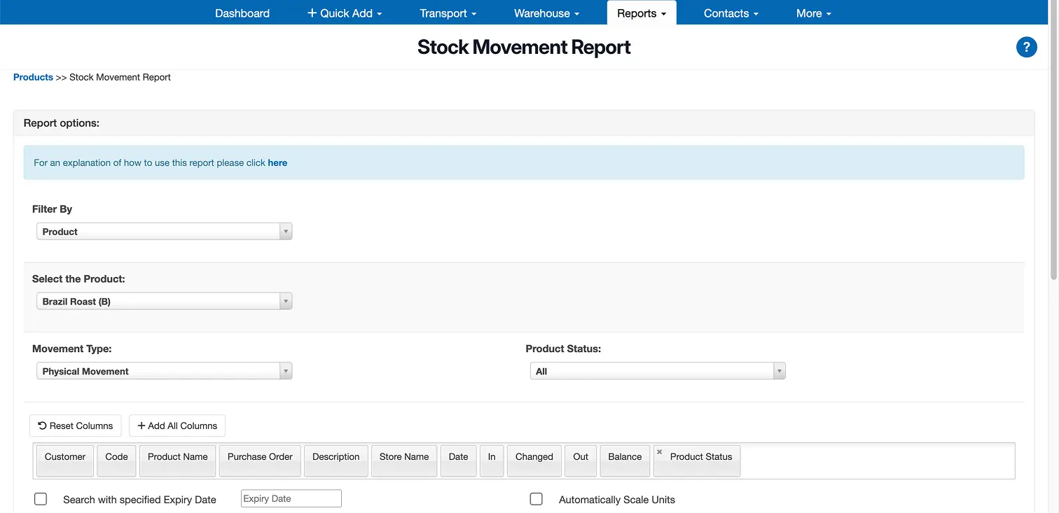 Stock Movement Report web interface showing filters for product, movement type, product status, and column selection including customer, code, product name, purchase order, description, store name, date, in, changed, out, balance, and product status.