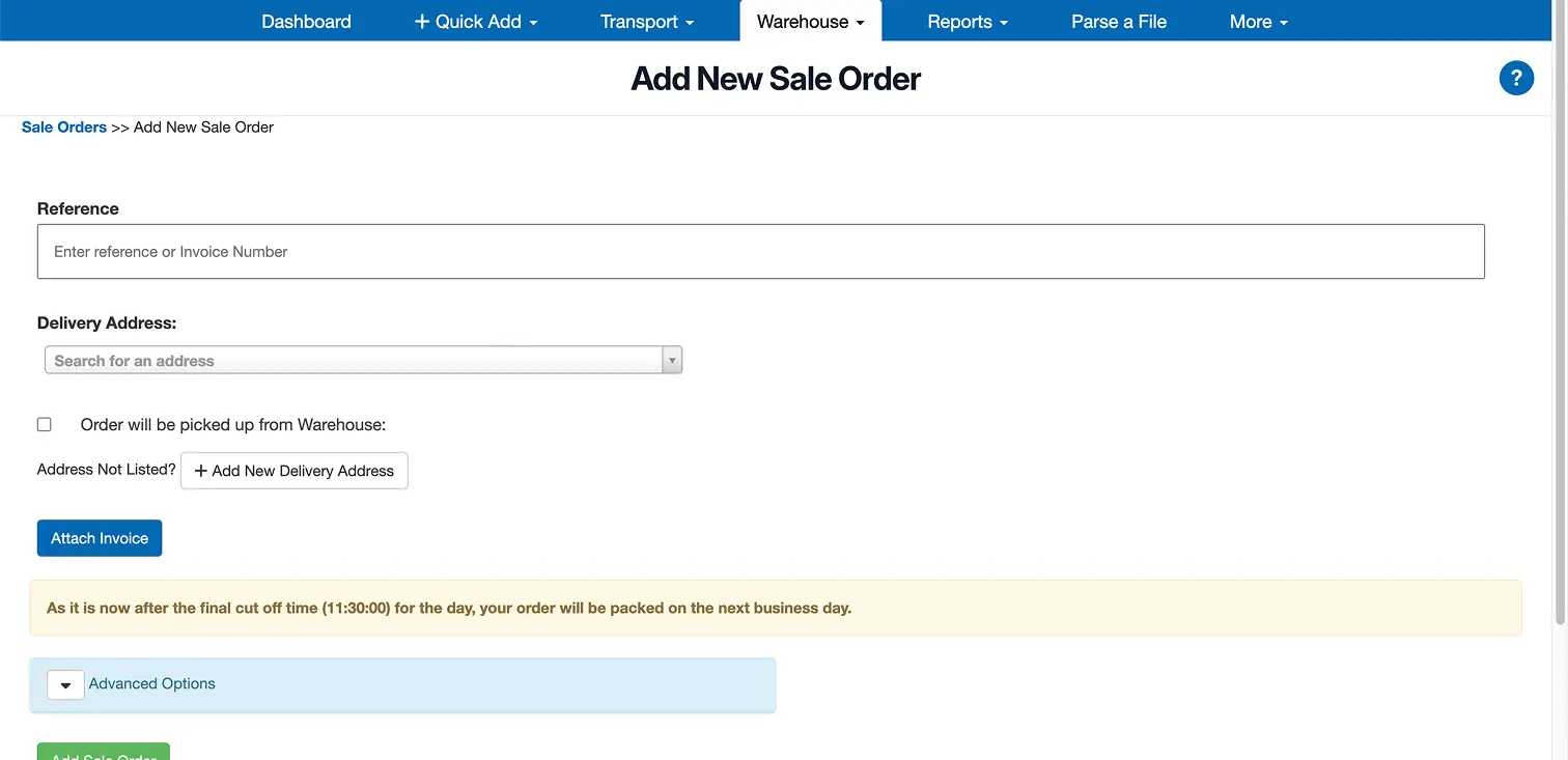 Warehouse management system screen displaying form to add a new sale order with fields for reference number, delivery address, options to pick up from warehouse, add new delivery address, attach invoice, and a notice about order packing after cut-off time.