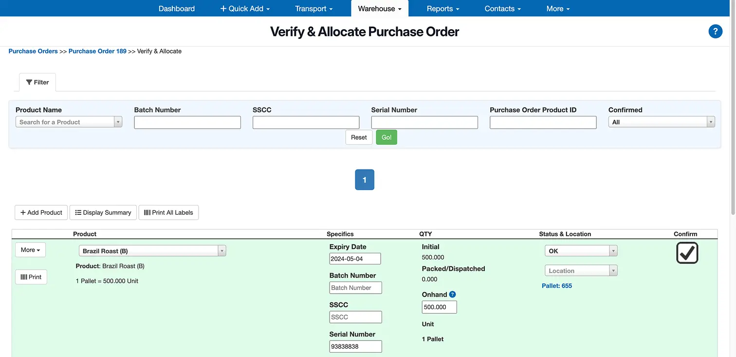Warehouse management system screen showing Verify & Allocate Purchase Order interface with product Brazil Roast, expiry date, quantities, status, and confirmation checkbox.
