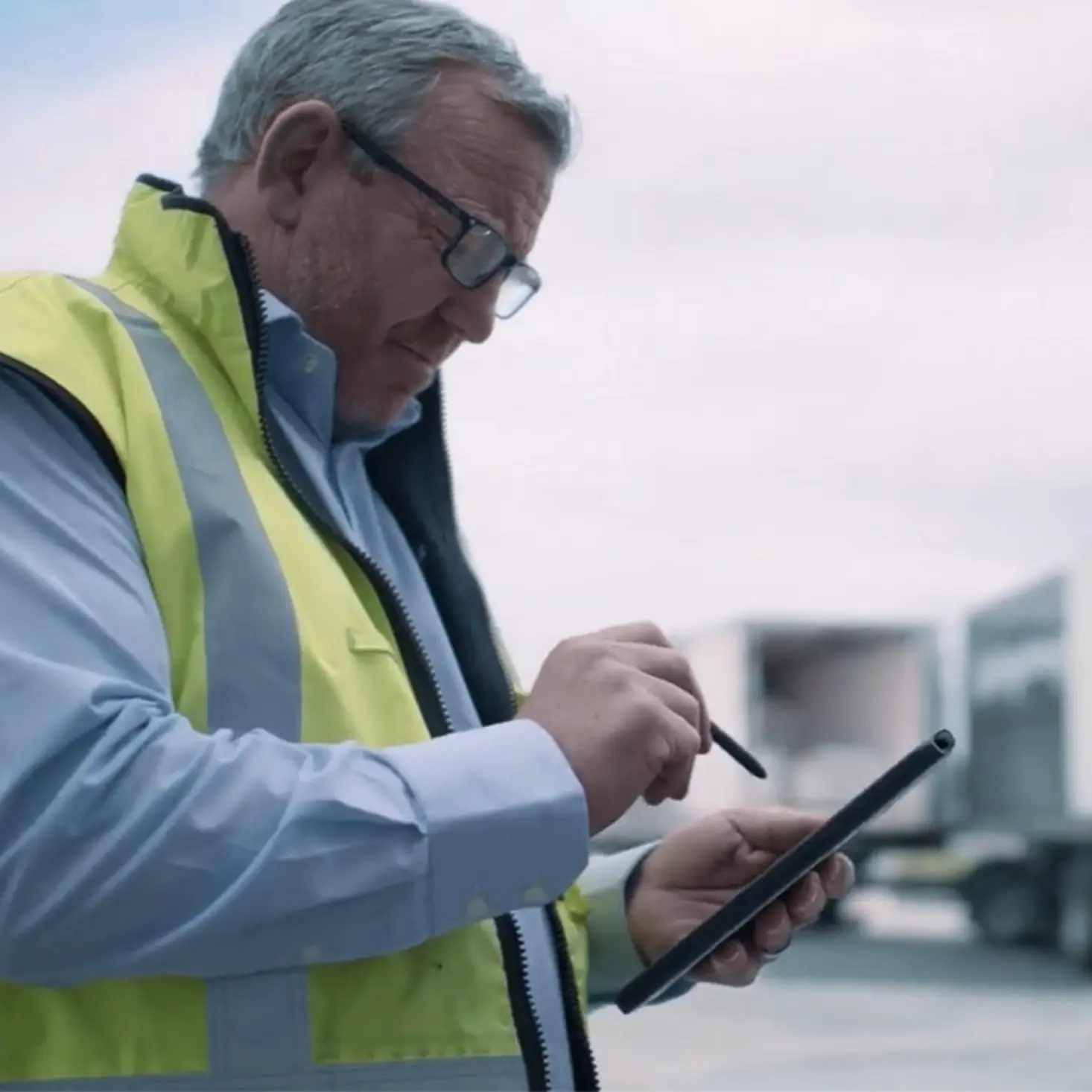 Man in a yellow safety vest using a stylus on a tablet outdoors near trucks.