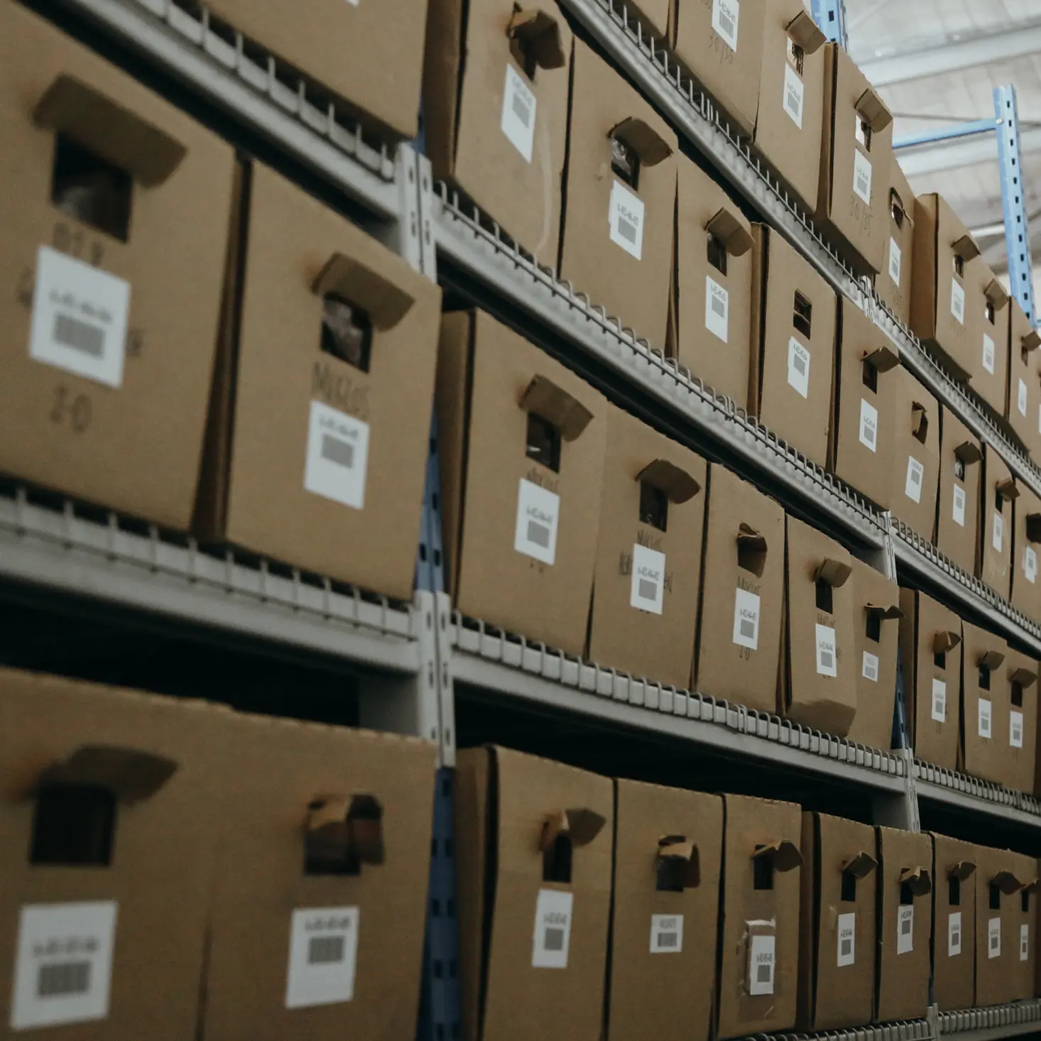 Rows of brown cardboard storage boxes with labels stacked on metal warehouse shelves.