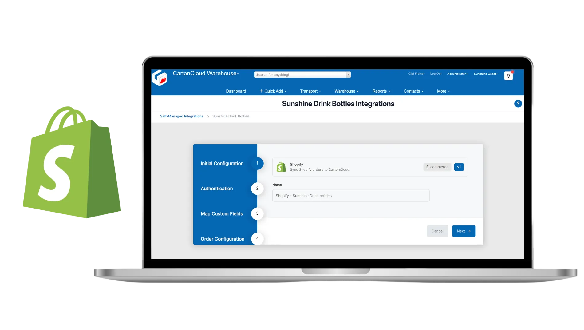 Laptop screen showing CartonCloud Warehouse interface for configuring Shopify integration with steps like Initial Configuration, Authentication, Map Custom Fields, and Order Configuration.